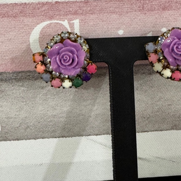 Handmade Lilac Rose Earrings Rhinestone Pastel Studs - Picture 3 of 4